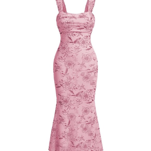 Floral Ruched Midi Dress Elegant Cocktail Party Wedding Guest Formal Wear